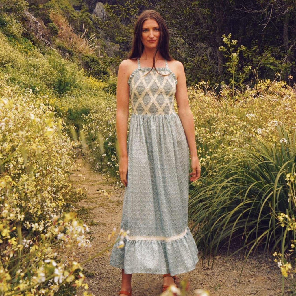 Christy Dawn The Noelle Dress In Mint Blooming Meadow Silk-Cotton Small